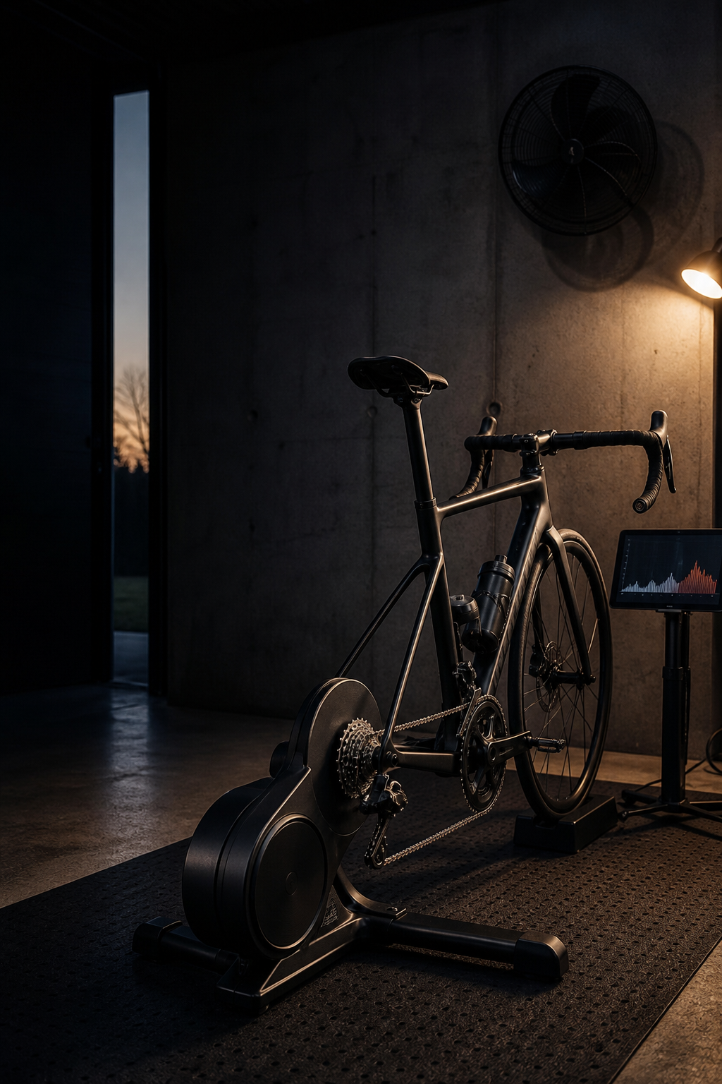 Road bike on a direct-drive trainer in a focused home pain cave